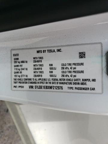 5YJ3E1EBXNF212976 | 2022 TESLA MODEL 3