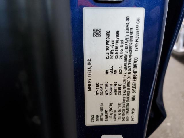 2022 TESLA MODEL 3 AW 5YJ3E1EB6NF189700