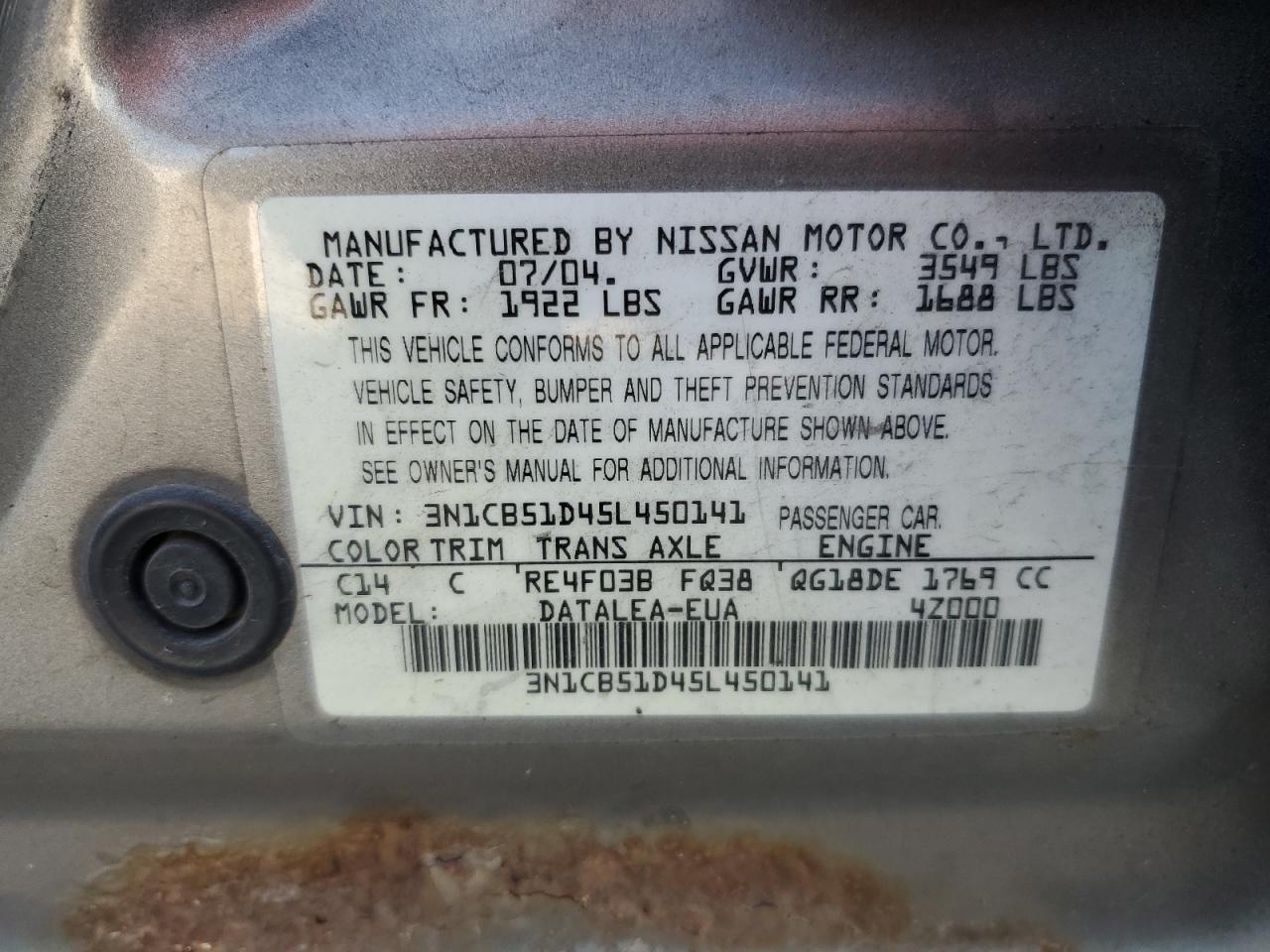 3N1CB51D45L450141 2005 Nissan Sentra 1.8