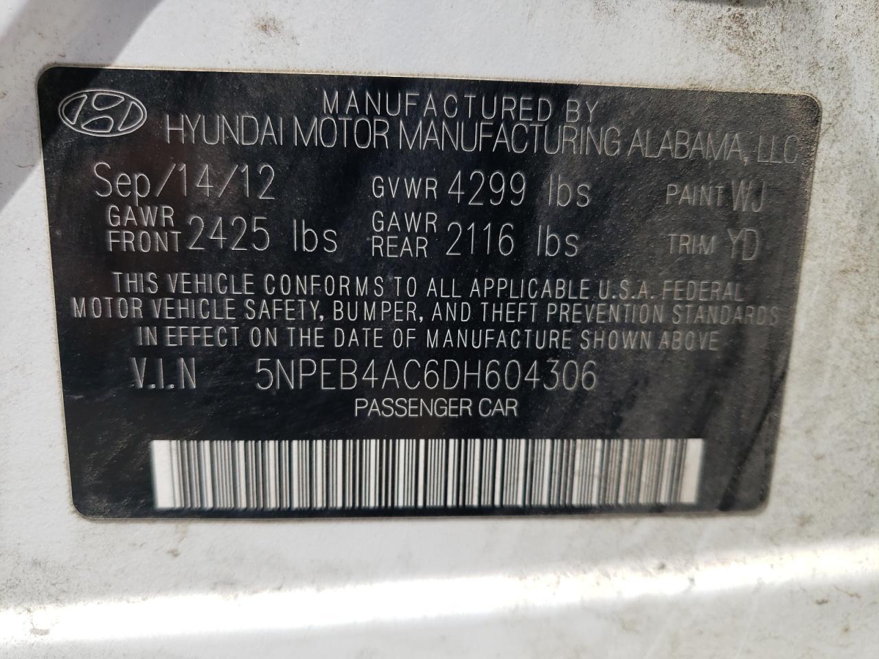 5NPEB4AC6DH604306 2013 Hyundai Sonata Gls