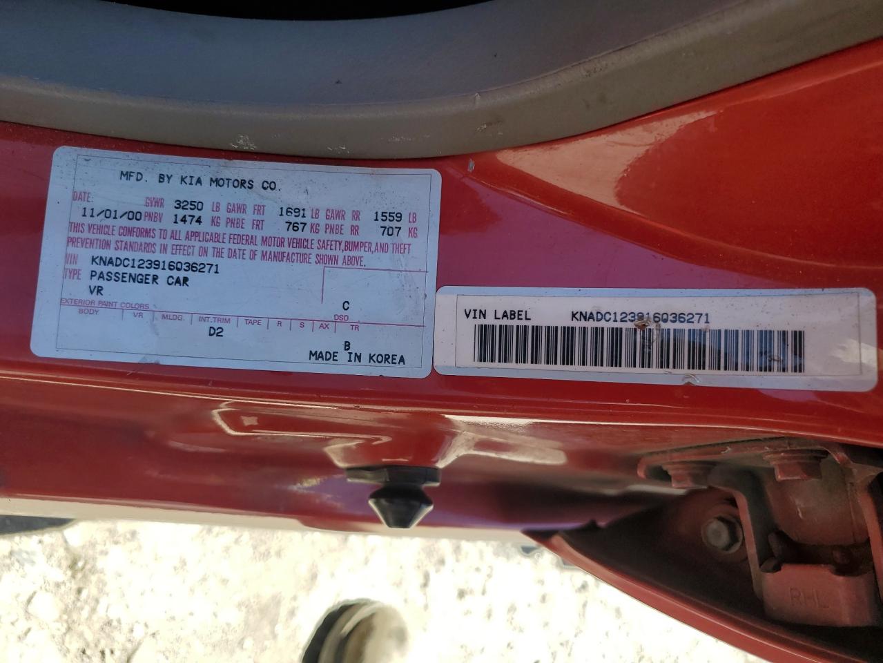 KNADC123916036271 2001 Kia Rio