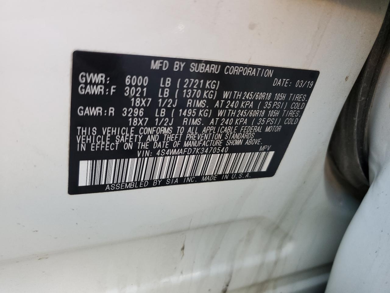 4S4WMAFD7K3470540 2019 Subaru Ascent Premium