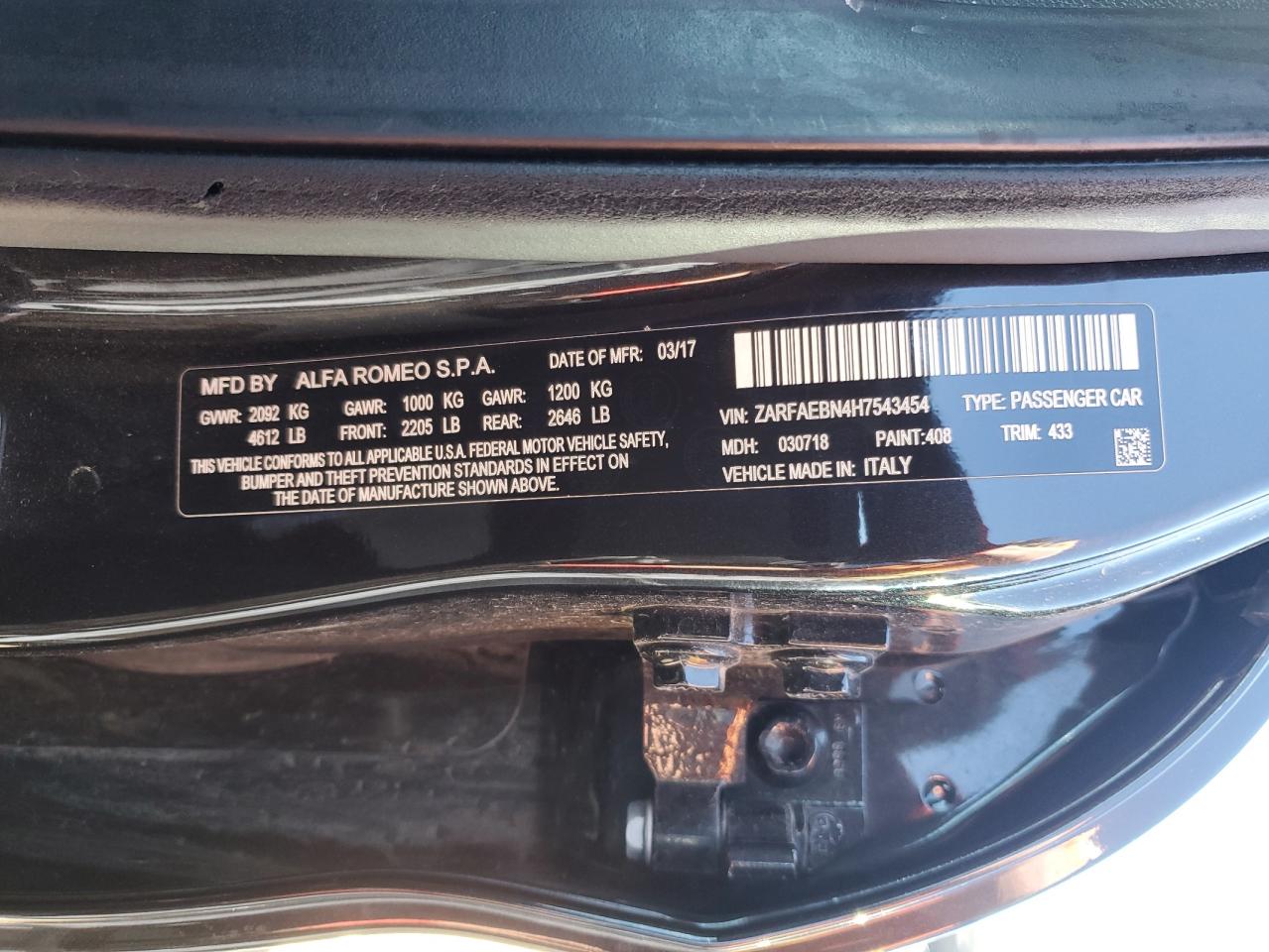 ZARFAEBN4H7543454 2017 Alfa Romeo Giulia