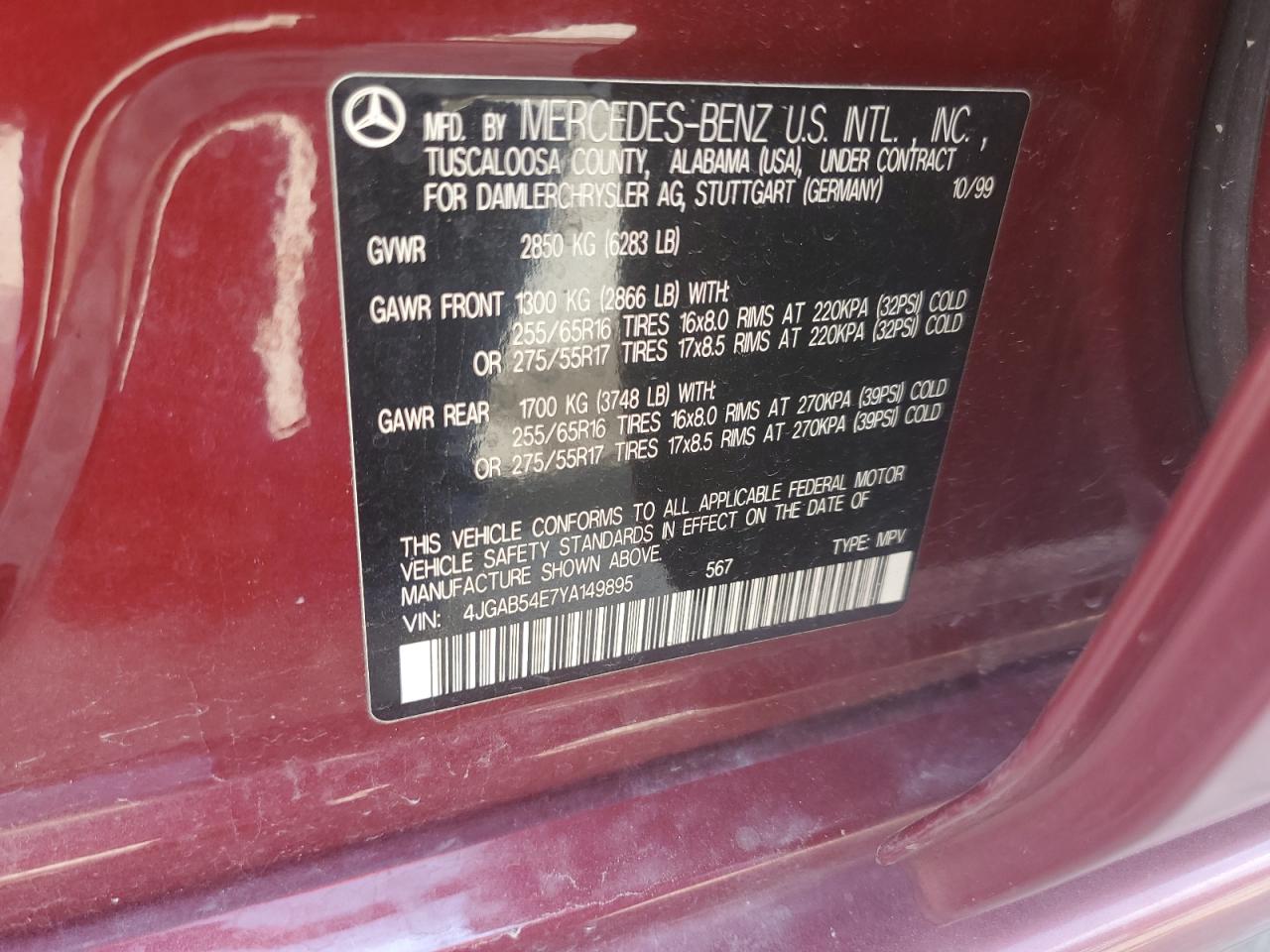 4JGAB54E7YA149895 2000 Mercedes-Benz Ml 320