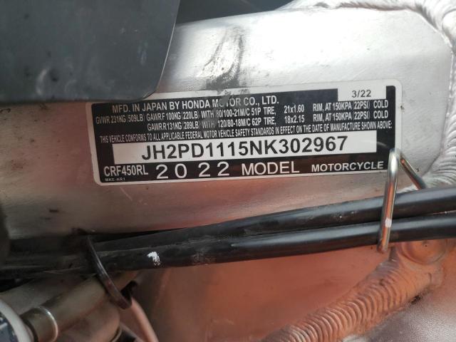 2022 HONDA CRF450 L JH2PD1115NK302967