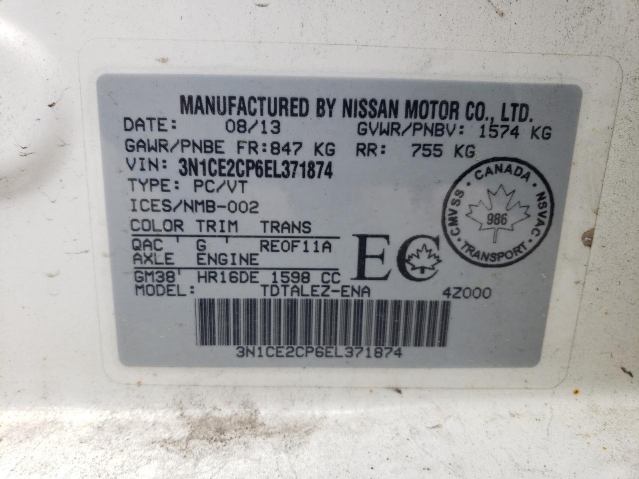 3N1CE2CP6EL371874 2014 Nissan Versa Note S