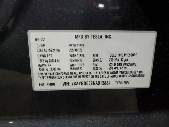 7SAYGDEE2NA013884 | 2022 TESLA MODEL Y