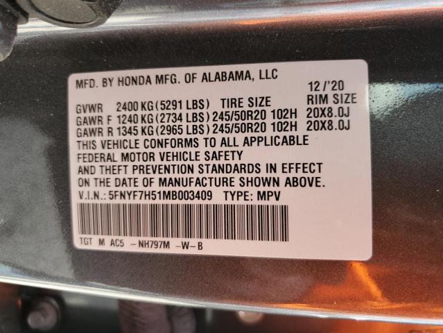 5FNYF7H51MB003409 2021 Honda Passport Exl