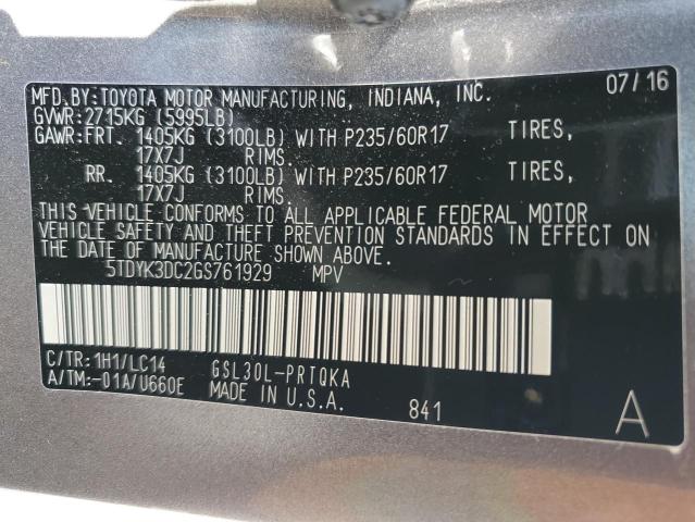 5TDYK3DC2GS761929 Toyota SIENNA XLE