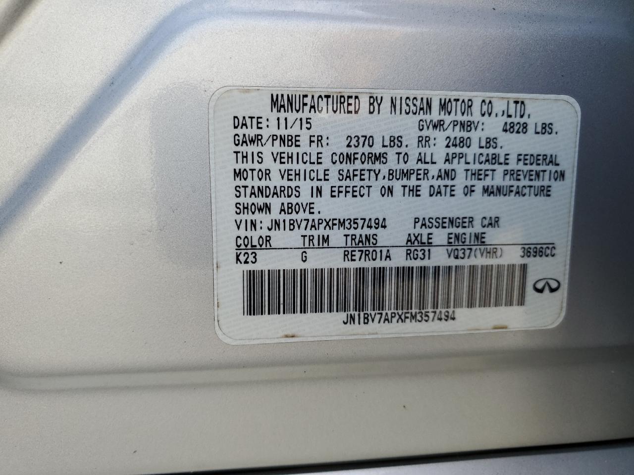 JN1BV7APXFM357494 2015 Infiniti Q50 Base