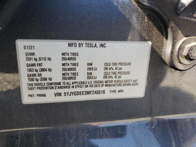 5YJYGDEE3MF240516 | 2021 TESLA MODEL Y