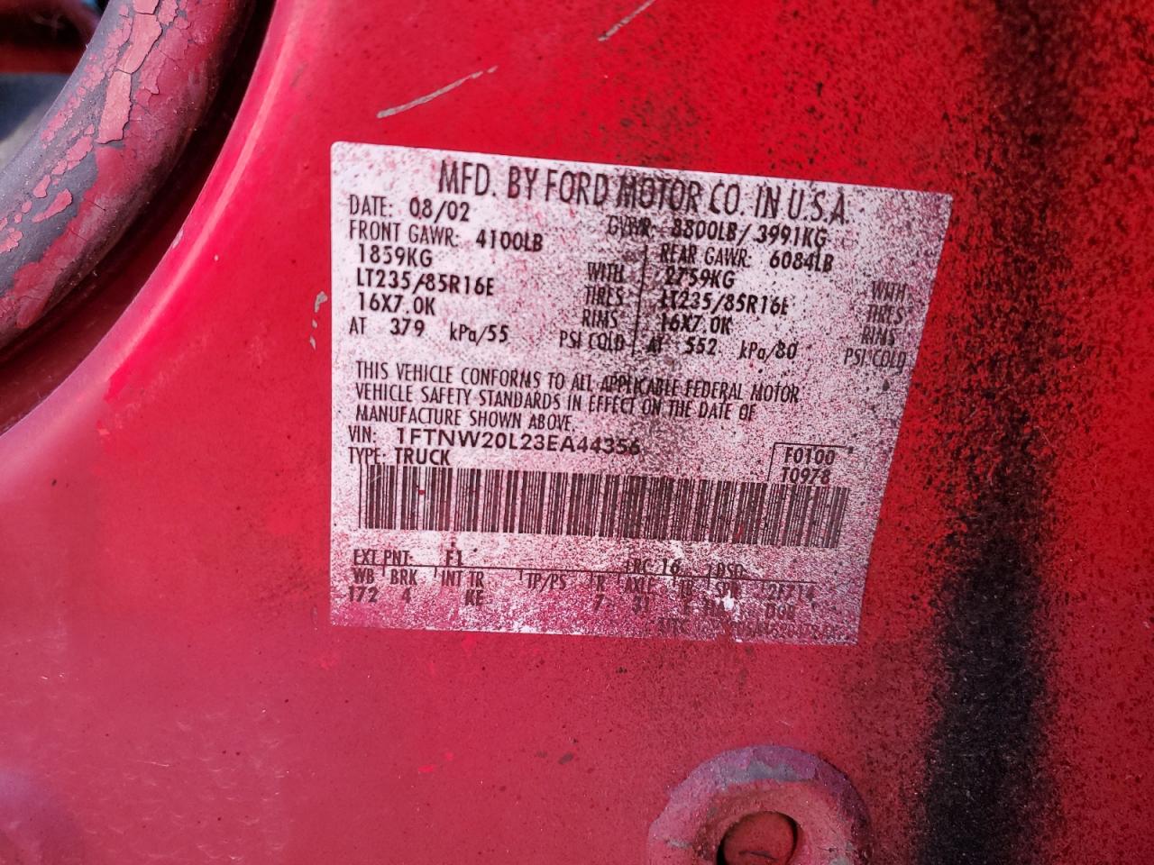 1FTNW20L23EA44356 2003 Ford F250 Super Duty