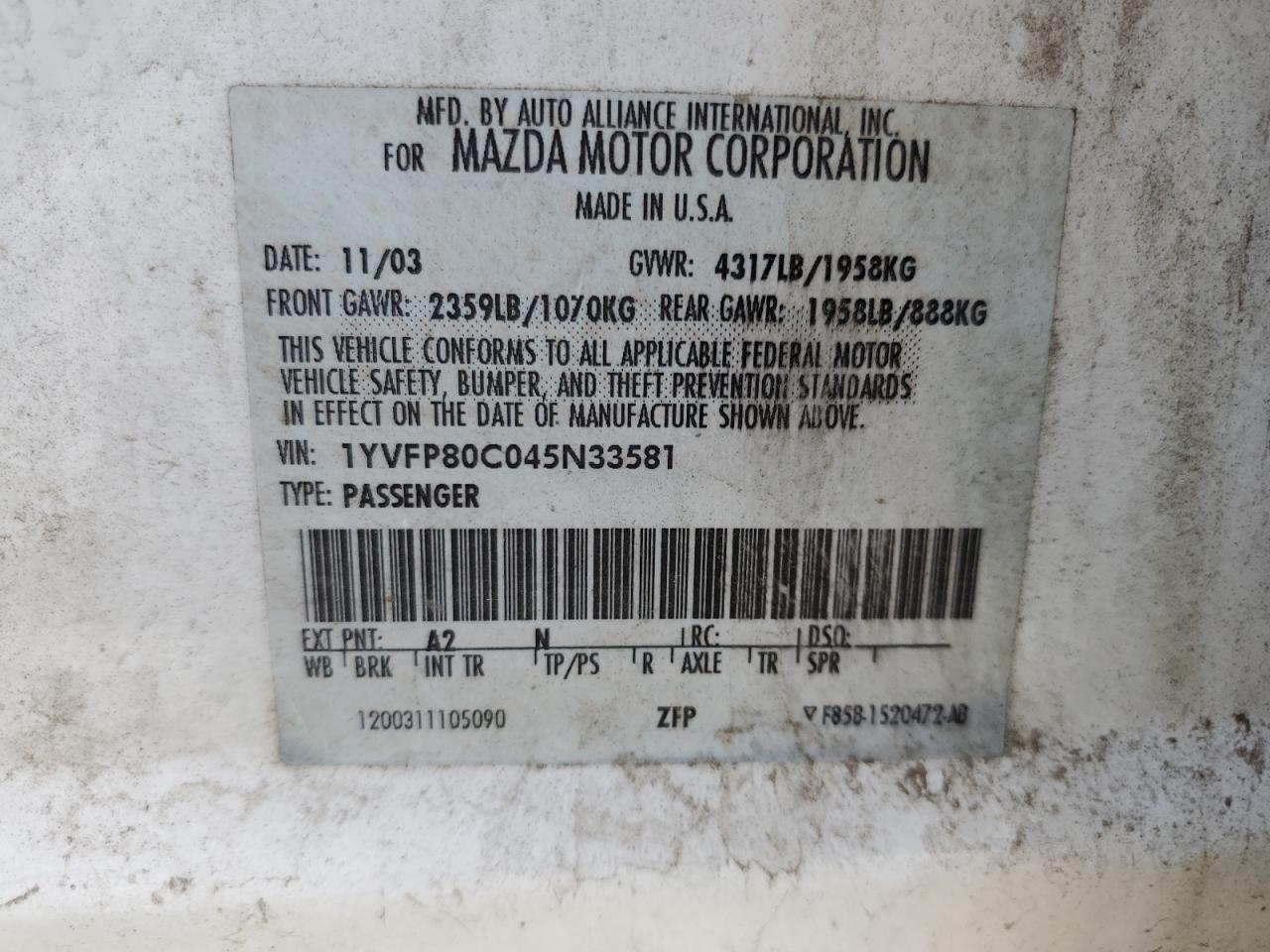 1YVFP80C045N33581 2004 Mazda 6 I