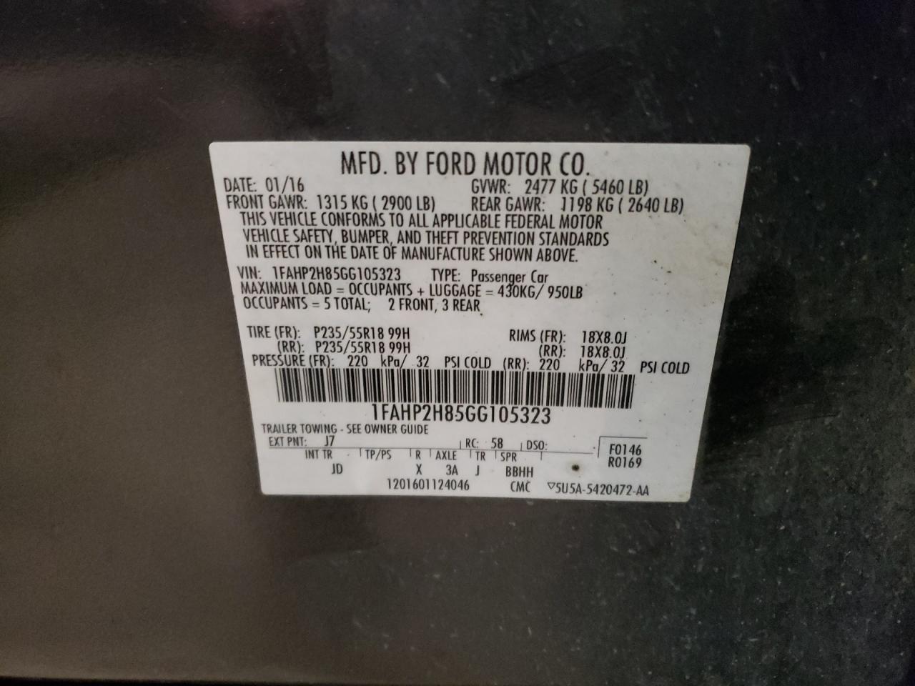 VIN: 1FAHP2H85GG105323 2016 FORD TAURUS
