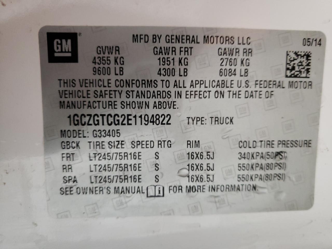 1GCZGTCG2E1194822 2014 Chevrolet Express G3500