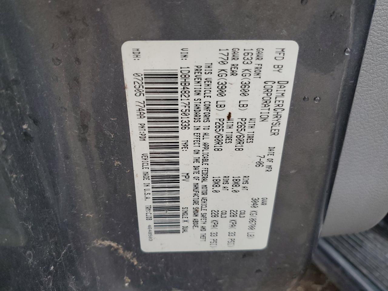 1d8hb48217f501336 1D8HB48217F501336 2007 Dodge Durango Slt