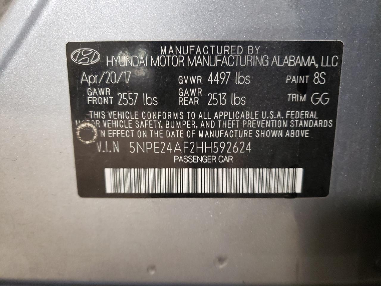 5NPE24AF2HH592624 2017 Hyundai Sonata Se