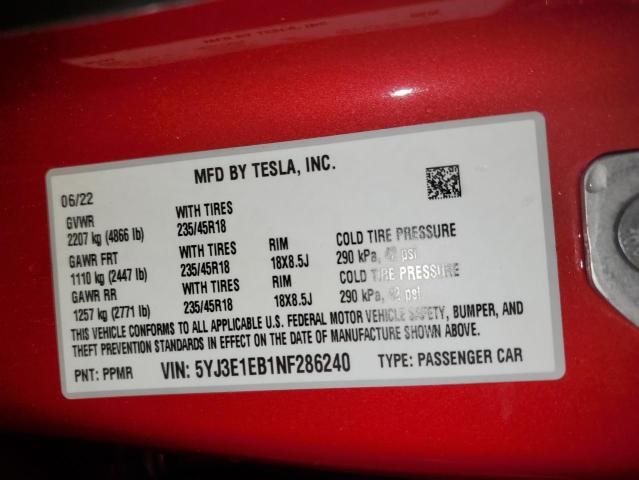 2022 Tesla Model 3 VIN: 5YJ3E1EB1NF286240 Lot: 64297423