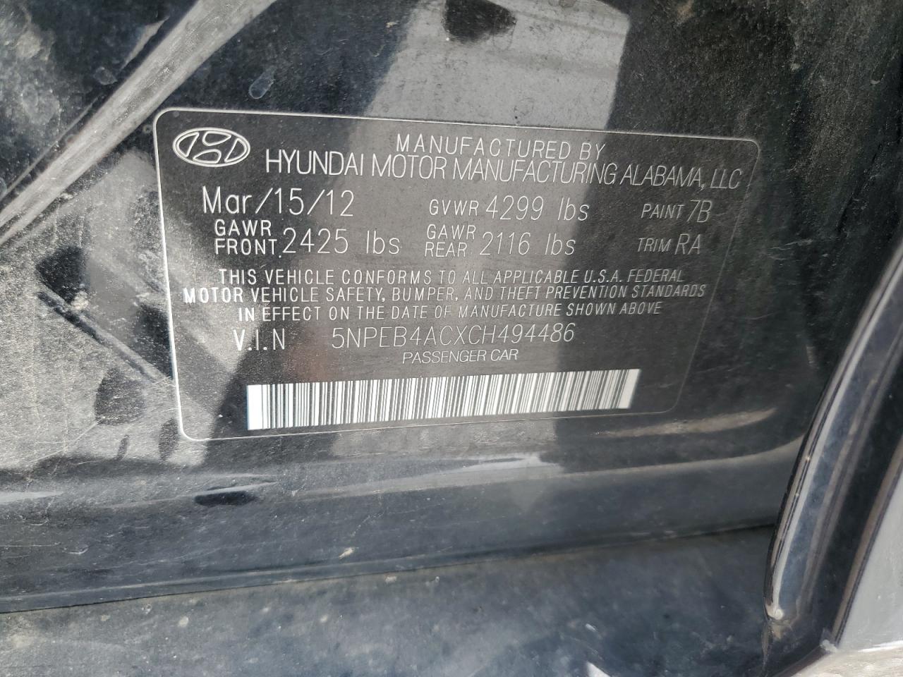 5NPEB4ACXCH494486 2012 Hyundai Sonata Gls