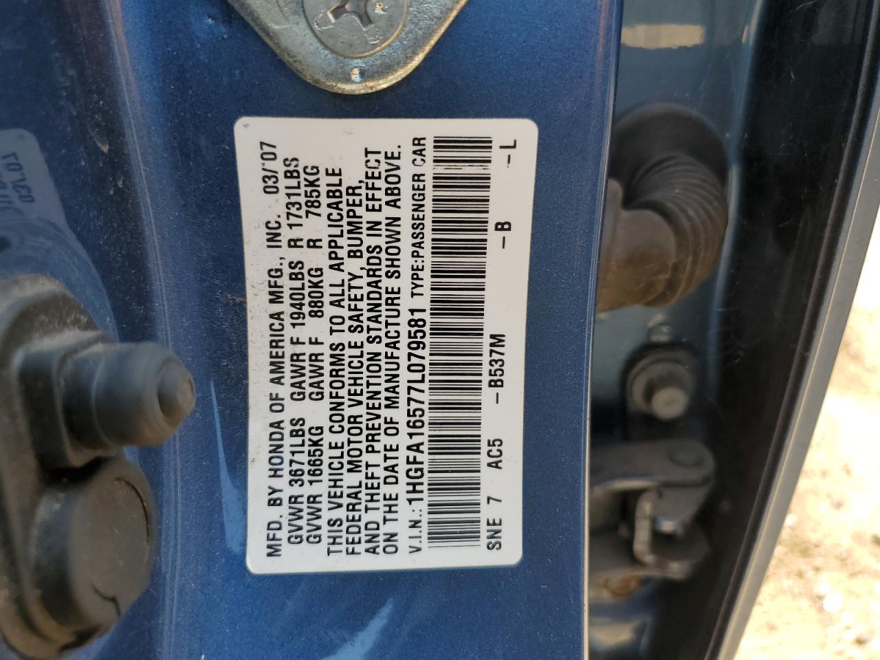 1HGFA16577L079581 2007 Honda Civic Lx