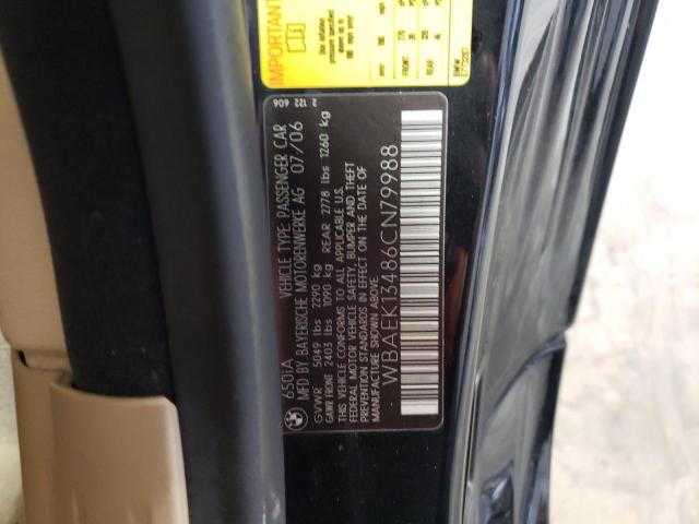 VIN: WBAEK13486CN79988 Auction: COPART Lot: 66094403 Location: VA - RICHMOND WBAEK13486CN79988 BMW 6 SERIES 2006 BLACK Photo 12
