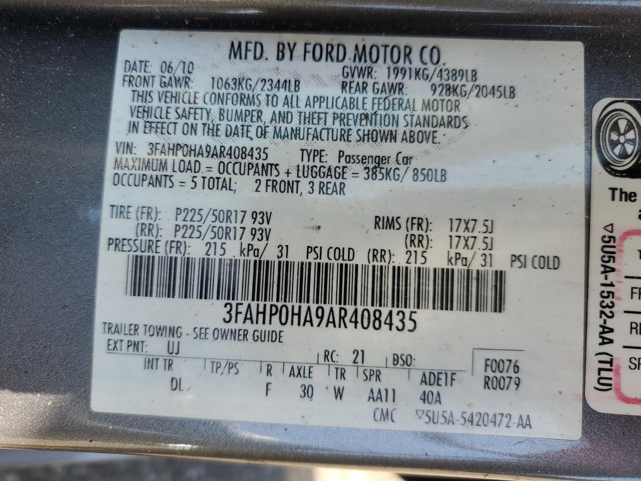 Lot #2199943927 2010 FORD FUSION SE