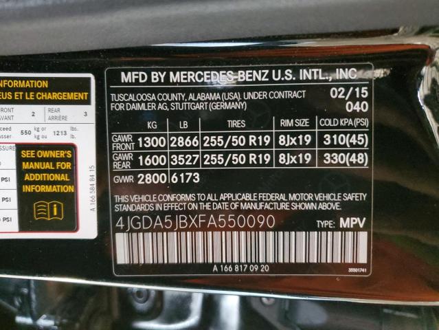 VIN 4JGDA5JBXFA550090 2015 Mercedes-Benz ML-Class, 350 no.12