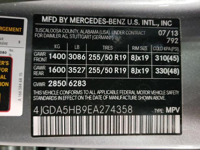 VIN 4JGDA5HB9EA274358 2014 Mercedes-Benz ML-Class, ... no.12