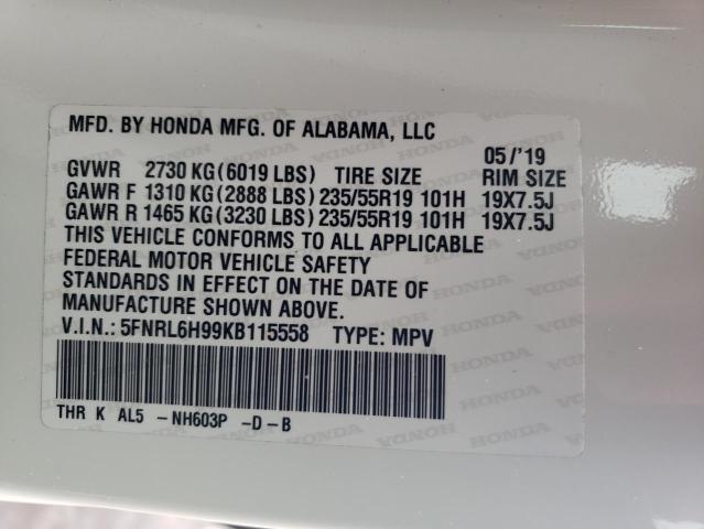 5FNRL6H99KB115558 | 2019 HONDA ODYSSEY EL