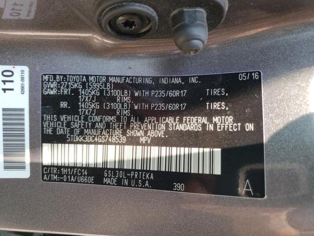 5TDKK3DC4GS748539 Toyota SIENNA LE