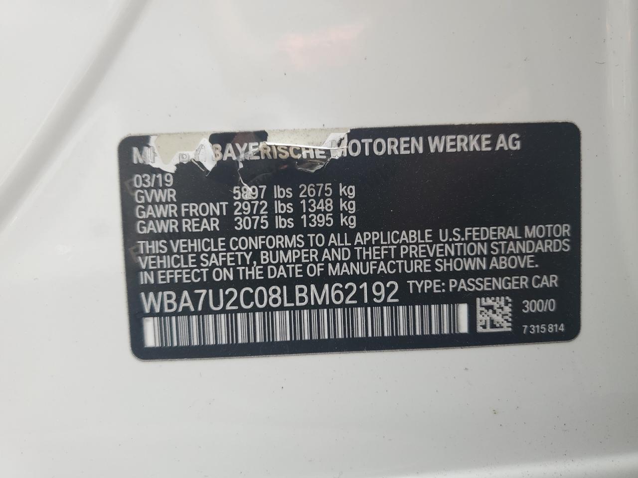 2020 BMW 750 Xi vin: WBA7U2C08LBM62192