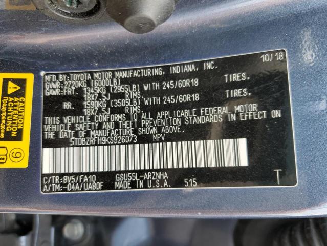 VIN 5TDBZRFH9KS926073 2019 Toyota Highlander, LE no.13