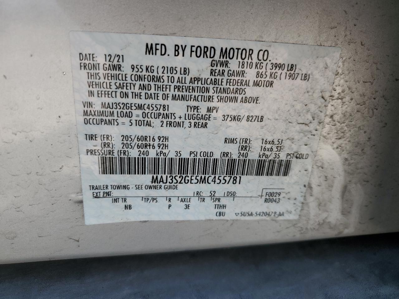 MAJ3S2GE5MC455781 2021 Ford Ecosport Se