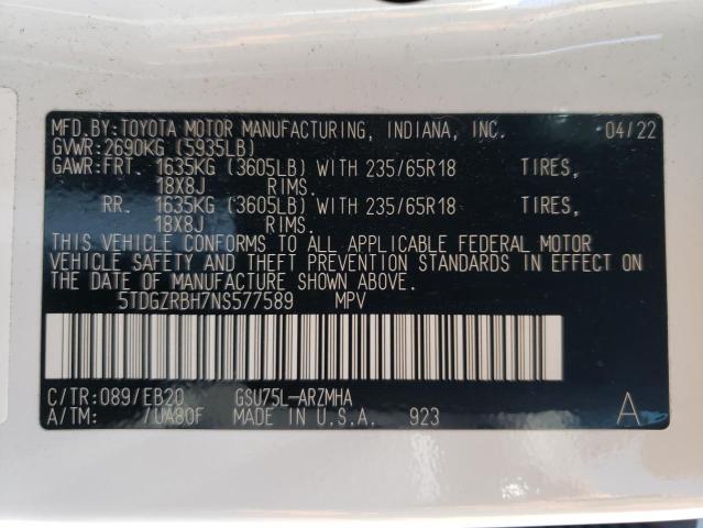 VIN 5TDGZRBH7NS577589 2022 Toyota Highlander, Xle no.13