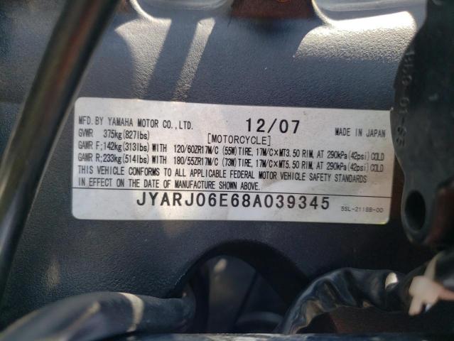 2008 YAMAHA YZFR6 S JYARJ06E68A039345