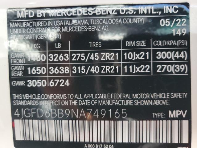 4JGFD6BB9NA749165 2022 MERCEDES-BENZ GLE-CLASS, photo no. 12