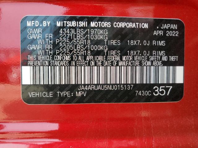 JA4ARUAU5NU015137 | 2022 MITSUBISHI OUTLANDER