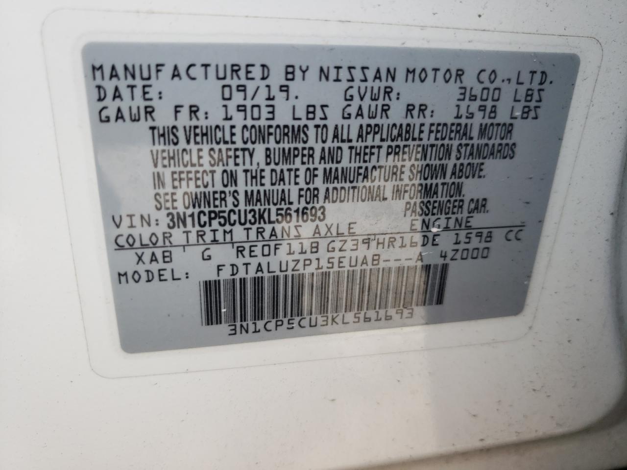 3N1CP5CU3KL561693 2019 Nissan Kicks S