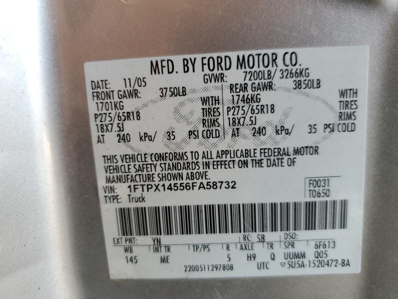 1FTPX14556FA58732 2006 Ford F150 1FTPX14556FA58732 2006 Ford F150