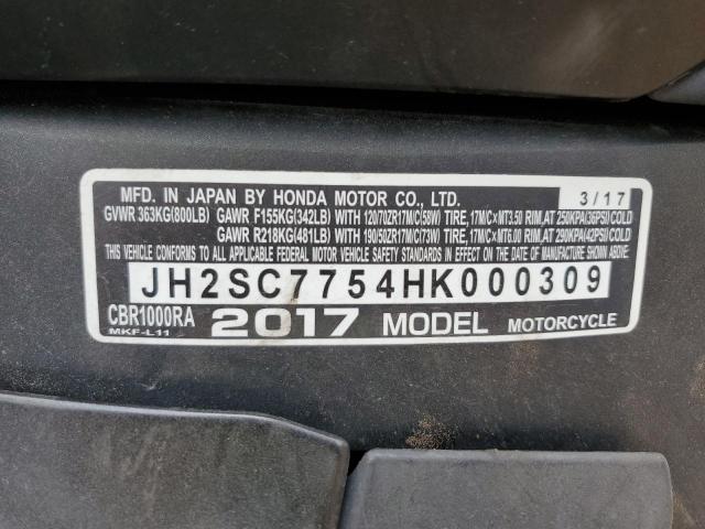 2017 HONDA CBR1000 RA - JH2SC7754HK000309