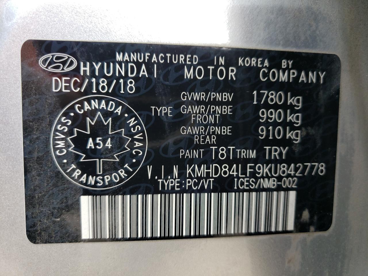 KMHD84LF9KU842778 2019 Hyundai Elantra Sel