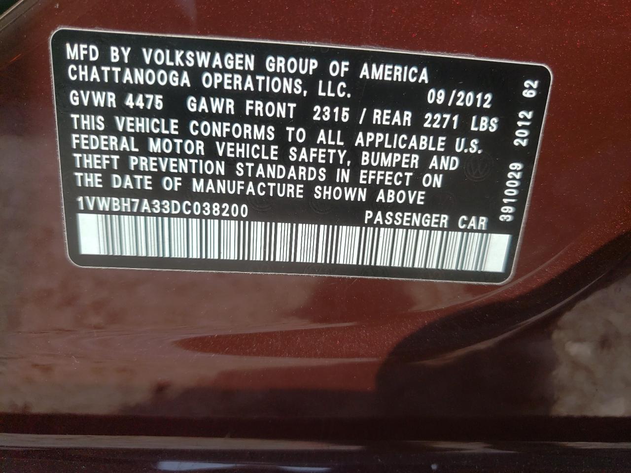 Lot #2869744108 2013 VOLKSWAGEN PASSAT SE