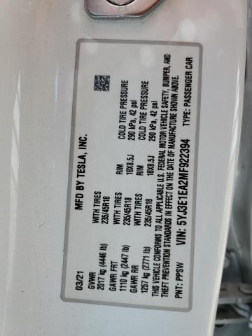 2021 TESLA MODEL 3 5YJ3E1EA2MF922394