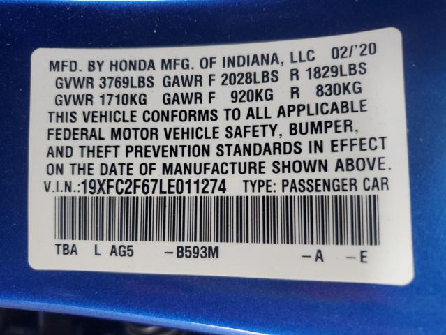 VIN 19XFC2F67LE011274 2020 Honda Civic, LX no.12