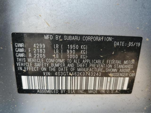 VIN 4S3GTAA62K3743243 2019 Subaru Impreza no.12