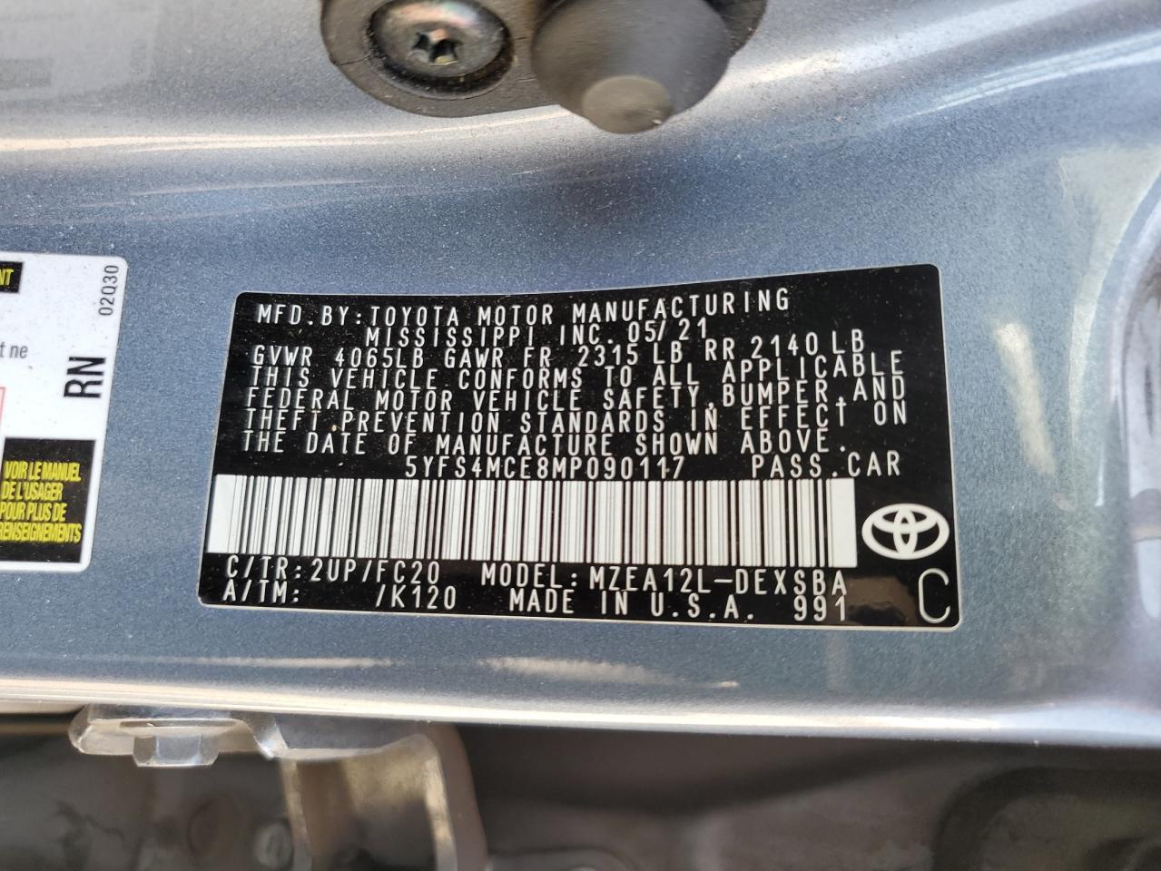 Lot #2974098374 2021 TOYOTA COROLLA SE