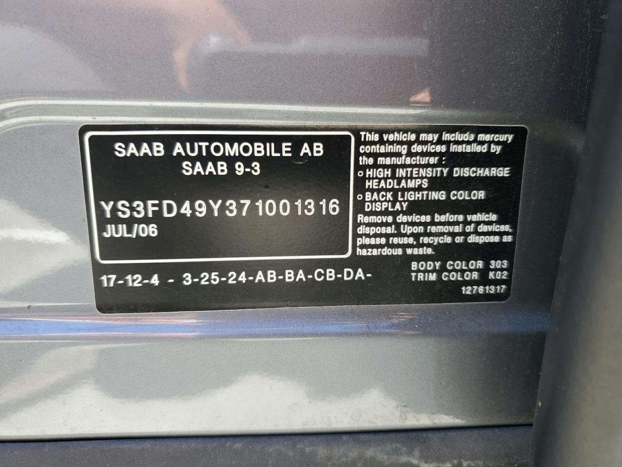 Lot #2828623043 2007 SAAB 9-3 2.0T