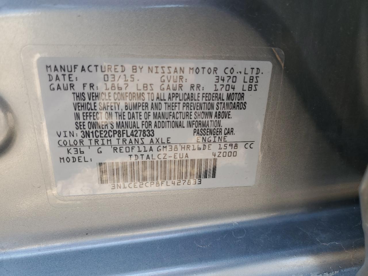 Lot #2809225110 2015 NISSAN VERSA NOTE