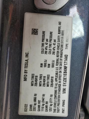 2022 TESLA MODEL 3 - 5YJ3E1EB4NF171440