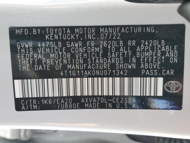 VIN 4T1G11AK0NU071342 2022 Toyota Camry, SE no.12